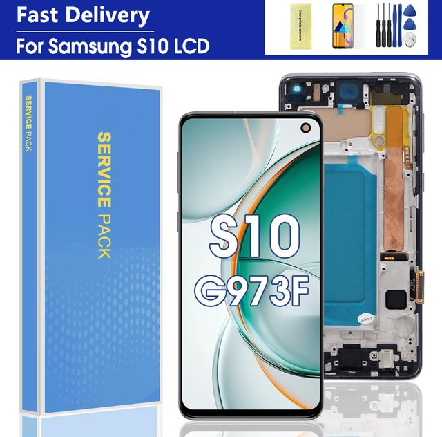Samsung S10 G973 G973F SM-G973F LCD-Bildschirm mit Rahmen und digitaler Touchscreen-Display-Baugruppe in Schwarz oder Silber - Bild 1