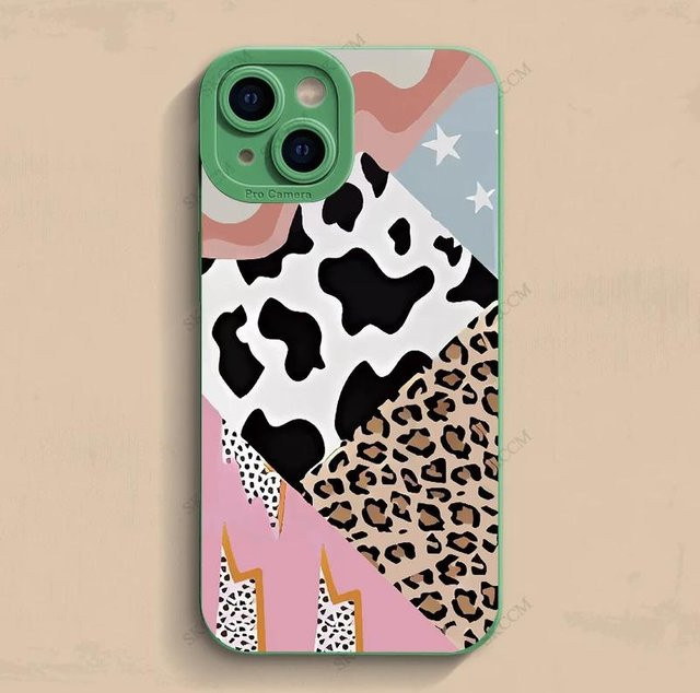 Stoßfeste Silikon Handyhülle mit Leopard-Kuh-Design für iPhone 11 12 13 14 15 Pro Max Mini und XS XR X 7 8 Plus in Schwarz und Multicolour von Yiran Bag - Bild 1