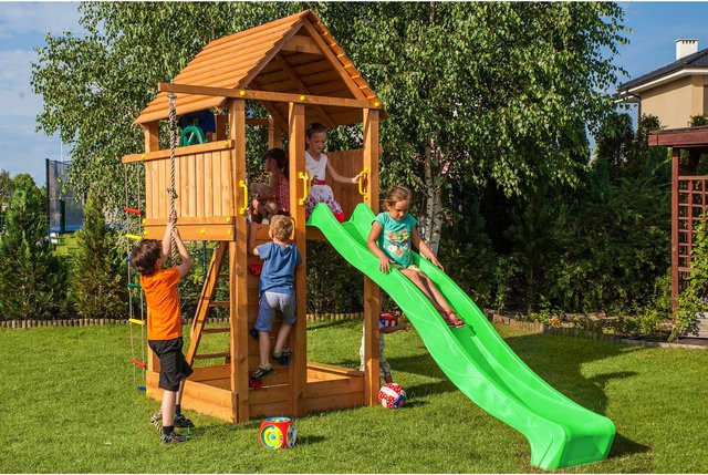 Fungoo Spielturm Fortress aus Teakholz mit Rutsche, Holzdach, Kletterseil, Kletterwand und Leiter - Bild 5