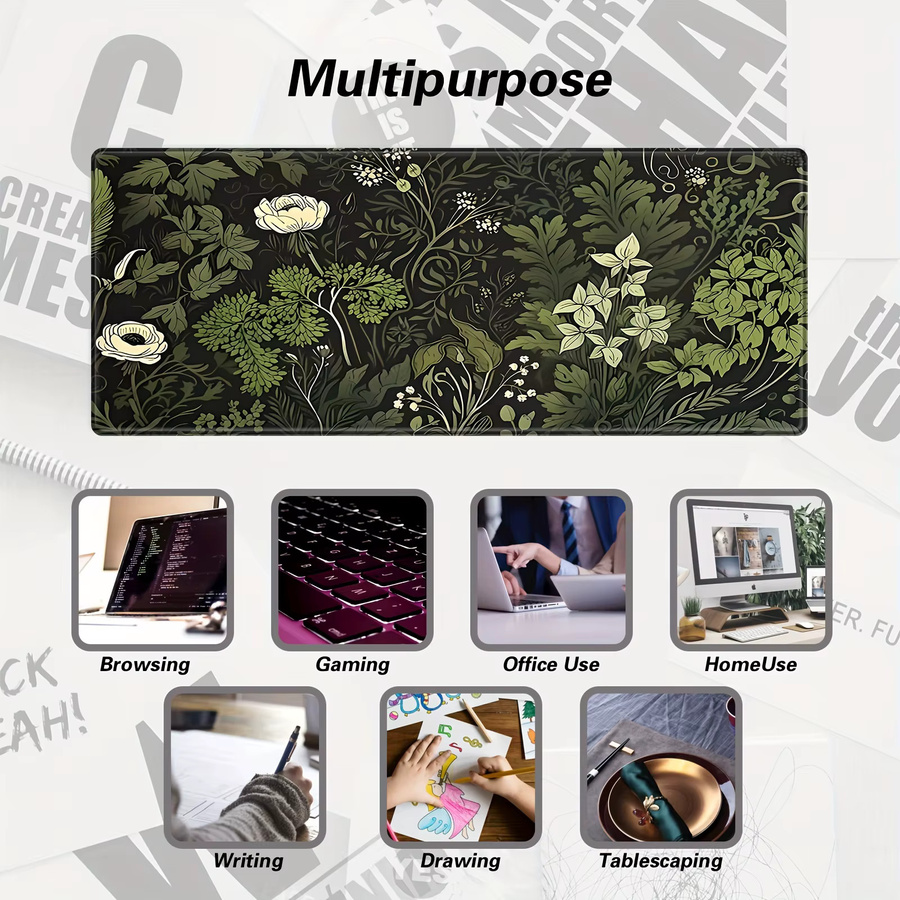 XGZ Botanisches Mauspad mit grünen Blumen und Pflanzen in Grün und Braun, große rutschfeste Schreibtischunterlage mit genähten Kanten für Büro und Gaming - Bild 5