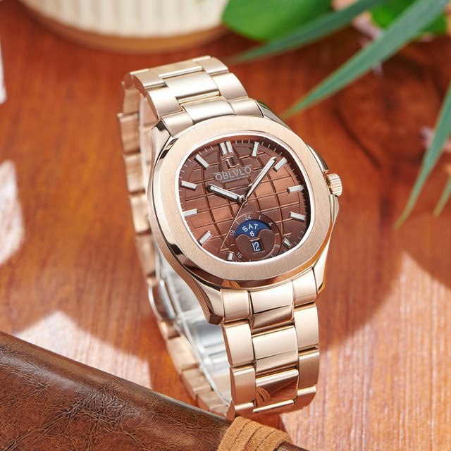 OBLVLO Armbanduhr Automatik, Mondphase, Roségold, Braun, Edelstahl, Herren - Bild 1