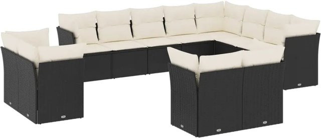 vidaXL 12-tlg. Garten-Sofagarnitur in U-Form aus Polyrattan mit Kissen und Stauraum, Schwarz - Bild 1