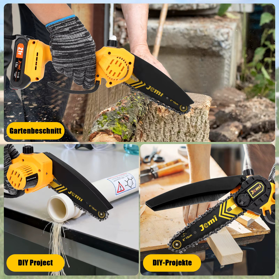 Jemi Tool 6-Zoll-Kettensäge mit automatischem Schmiersystem in Gelb für Holzschnitt, Baumtrimmen und Gartenarbeit - Bild 3
