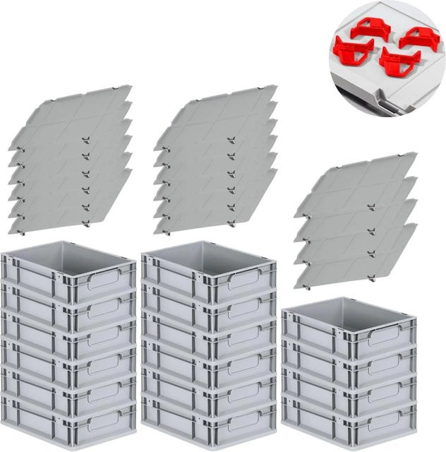 PROREGAL Spar Set mit 16 Eurobox Nextgen Economy inklusive Auflagedeckeln und 4 Schiebeschnappverschlüssen, Farbe Rot, H x B x T: 12 x 30 x 40 cm, 11 Liter pro Box - Bild 1