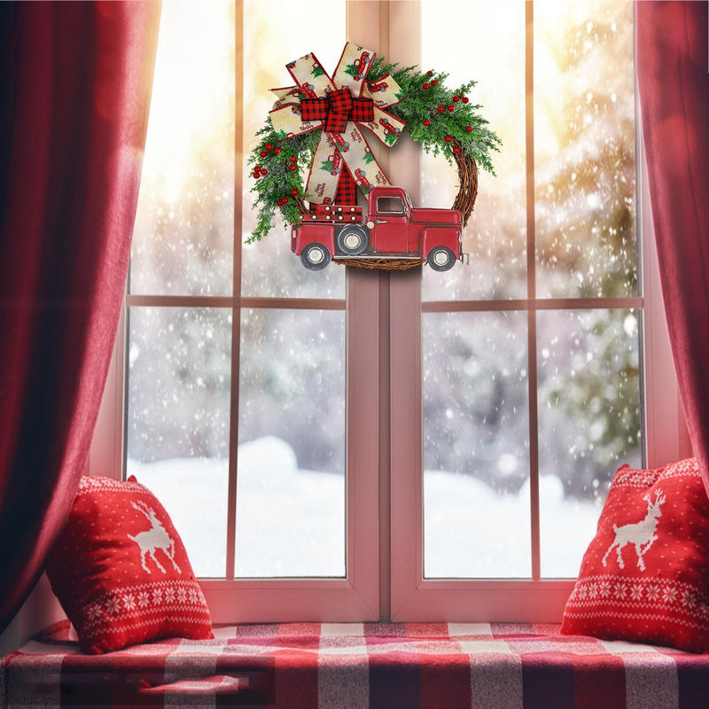 TOMTOP JMS Künstlicher Weihnachtskranz mit rotem Lastwagen in Landhaus-Stil, Rot, Durchmesser: 30 cm - Bild 3