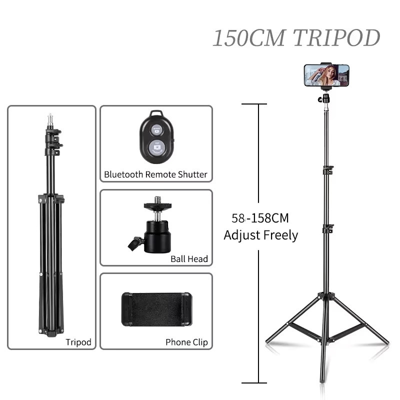 Verstellbares Selfie-Stativ aus Aluminium in Schwarz mit Bluetooth-Controller, Telefonständer mit Clip und Lichtstativ für Digitalkameras, Höhe: 100 cm bis 200 cm - Bild 2