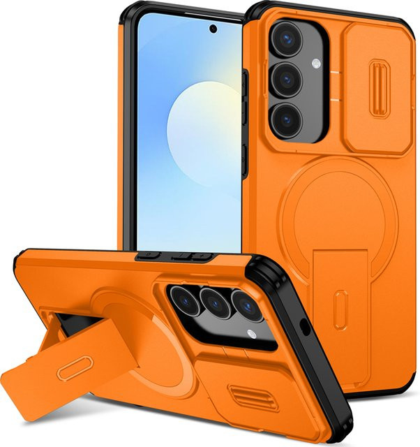 Magnetische 3-in-1 Schutzhülle für Samsung Galaxy S25 Ultra S24 Plus FE S25edge S25FE in Orange mit klappbarem Ständer und verstecktem Linsenschutz - Bild 1