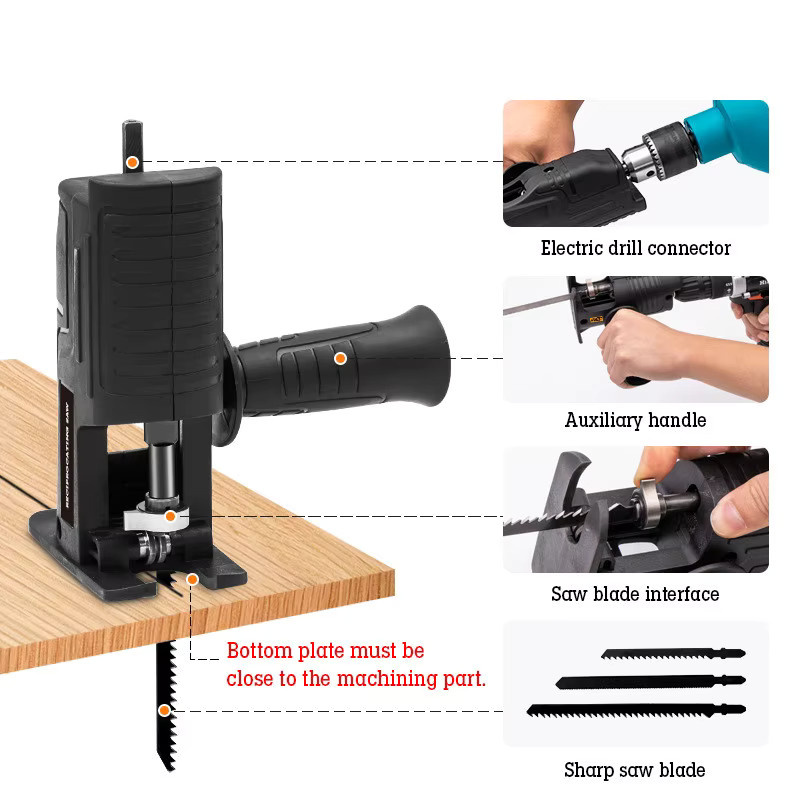 Elektrischer Bohrmaschinen-Adapter zur Konvertierung in eine Säbelsäge und einen Schraubendreher inklusive Sägeblatt für Holz und Metall, Schwarz - Bild 5