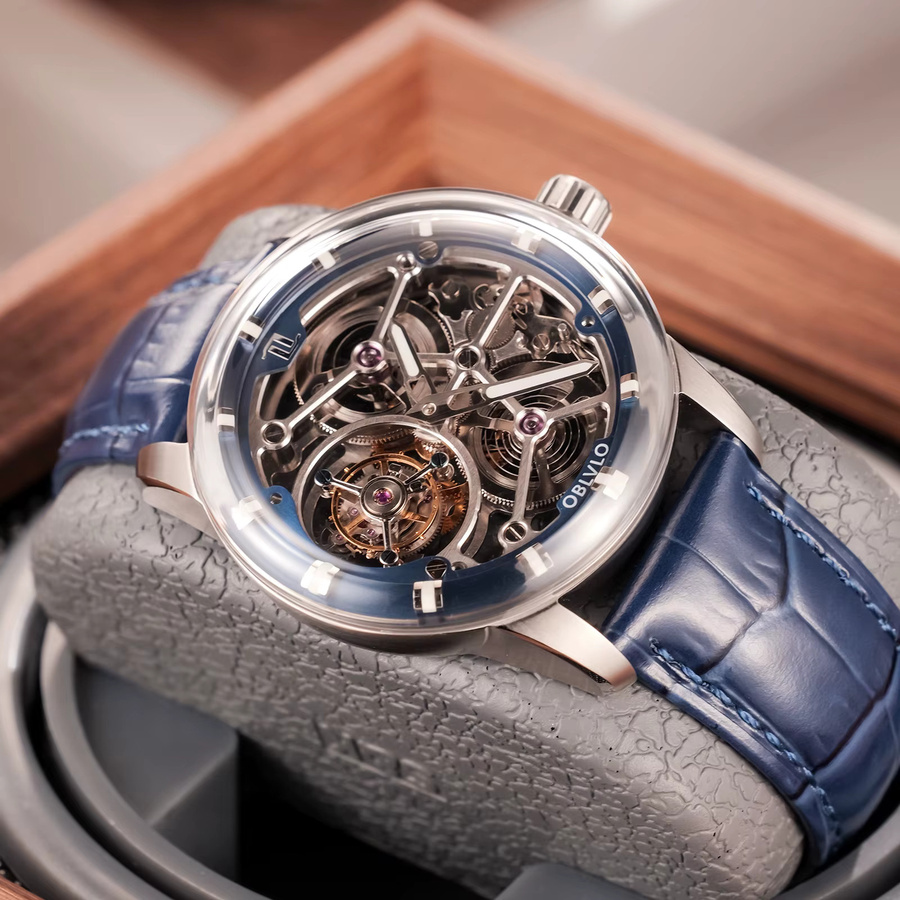 Oblvlo Armbanduhr Tourbillon, mechanisch, Edelstahl, blau, Leder, Herren - Bild 3
