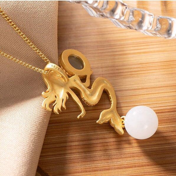 Halskette mit Meerjungfrau-Anhänger, Hetian-Jade, Silber, Gold, Perle, Damen - Bild 3