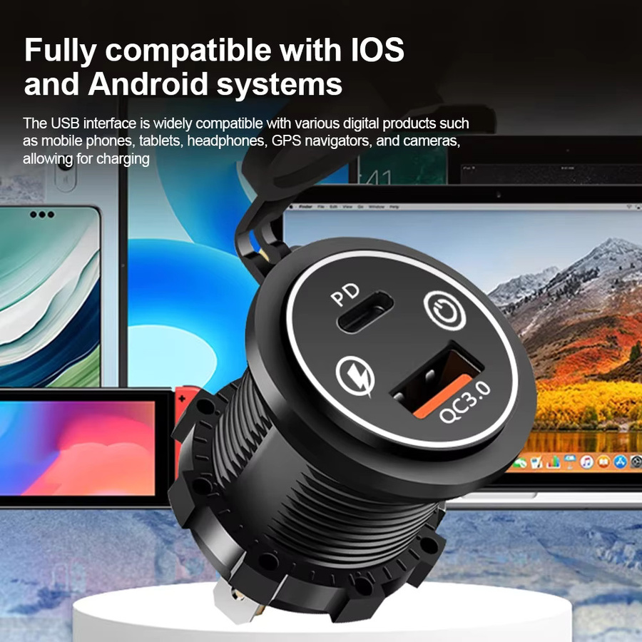 kebidumei USB-Autoladegerät-Adapter mit QC3.0 und PD 30W, Mehrfach-Port-Steckdose mit Schalter, wasserdicht, Schwarz, 12V/24V für Autos, Boote, Motorräder und LKW - Bild 4