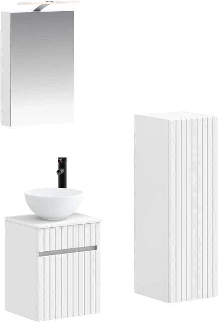 vidaXL Badezimmermöbel-Set 4-teilig in Weiß aus Ingenieurholz und Glas mit LED-Beleuchtung und Spiegelschrank - Bild 1