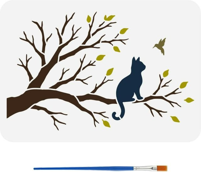 Wiederverwendbare Malschablonen aus PET mit Bäumen, Katzen und Vögeln inklusive Pinsel, B/H: 29,7 x 21 cm - Bild 1