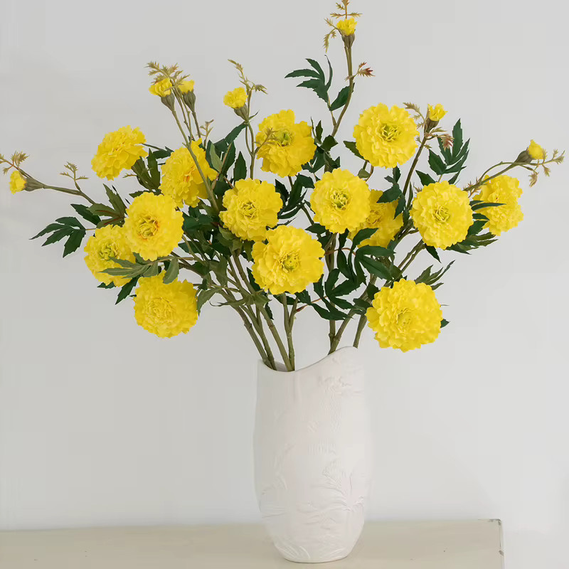 WQNJIN Künstliche Chrysantheme in Gelb mit 3 Köpfen als Real Touch Seidenblume zur Dekoration - Bild 3