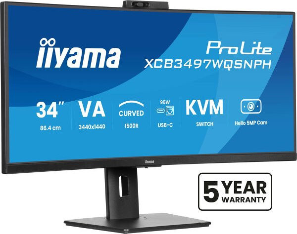 Iiyama ProLite XCB3497WQSNPH-B1 LED-Monitor, 34 Zoll, UltraWide QHD, VA-Panel, Schwarz, mit USB-C Dock und LAN - Bild 1