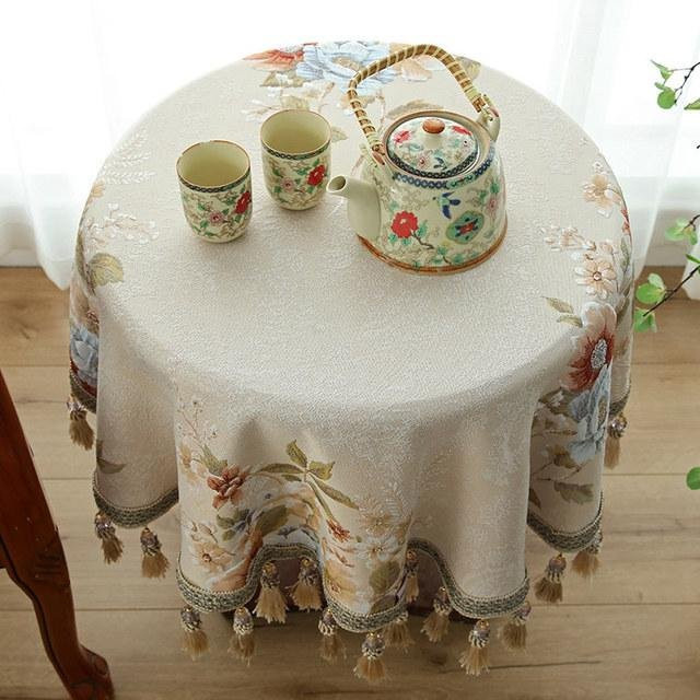 Runde Jacquard Tischdecke mit Blumenmuster und Quasten von Your Warm Home, Beige, Durchmesser: 120 cm - Bild 1