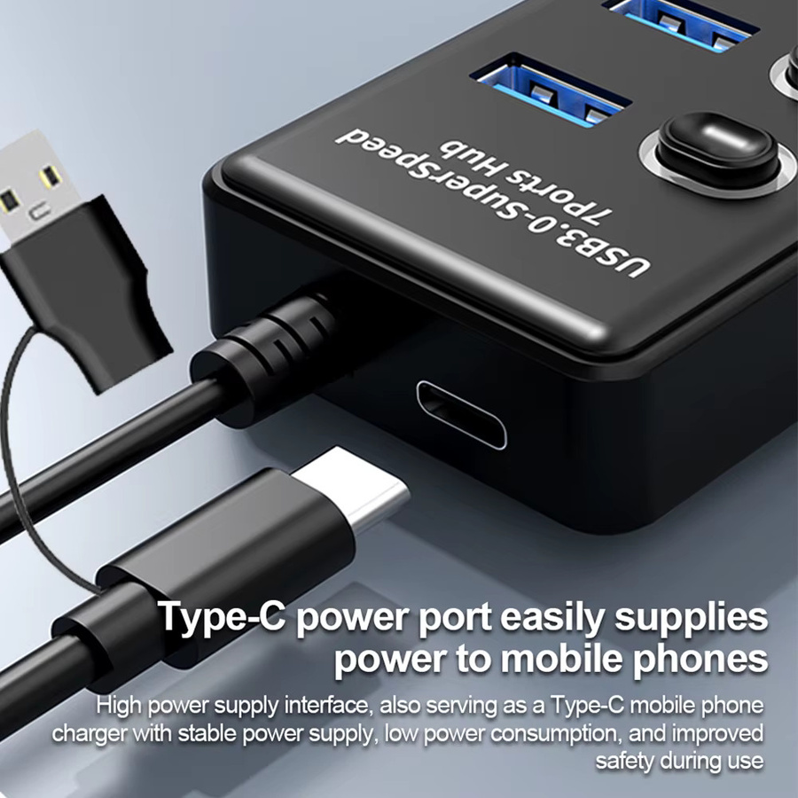 KEBIDUMEI 7-in-2 USB 3.0 Hub mit Einzelnen Ein/Aus-Schaltern und USB-C Anschluss, 5Gbps USB-Verteiler in Schwarz - Bild 5