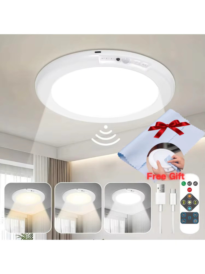 Runde LED-Nachtlampe mit Bewegungssensor und Fernbedienung, USB-aufladbar, magnetische Installation, Weiß - Bild 1