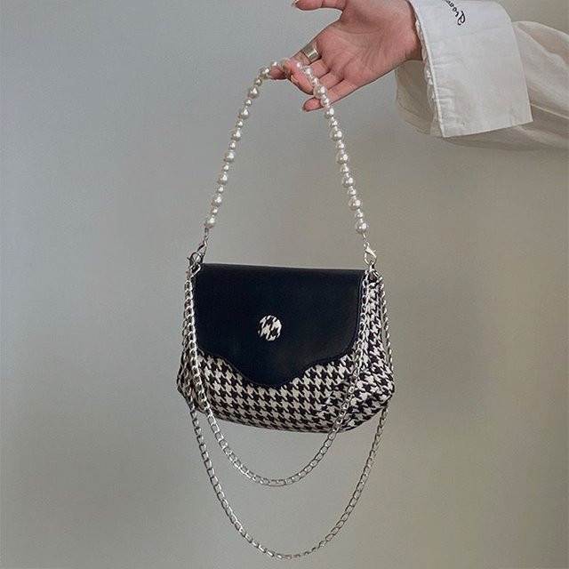 Unterarmtasche mit Kette, Hahnentrittmuster, Perle, gray, Damen - Bild 1