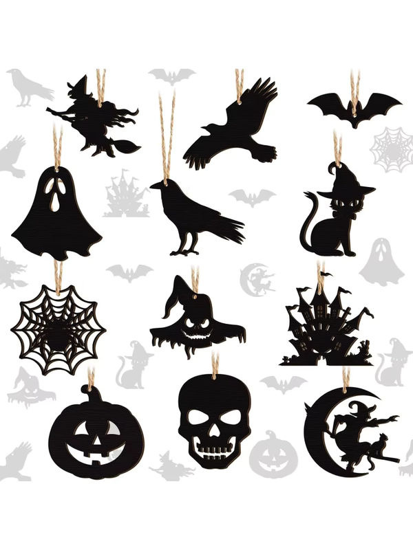 24 Stück Halloween-Hängedekorationen aus Holz in Schwarz mit Kürbis, Geist, Hexenhut, Spinne und Fledermaus als Seilgirlande für deine Party-Dekoration - Bild 5