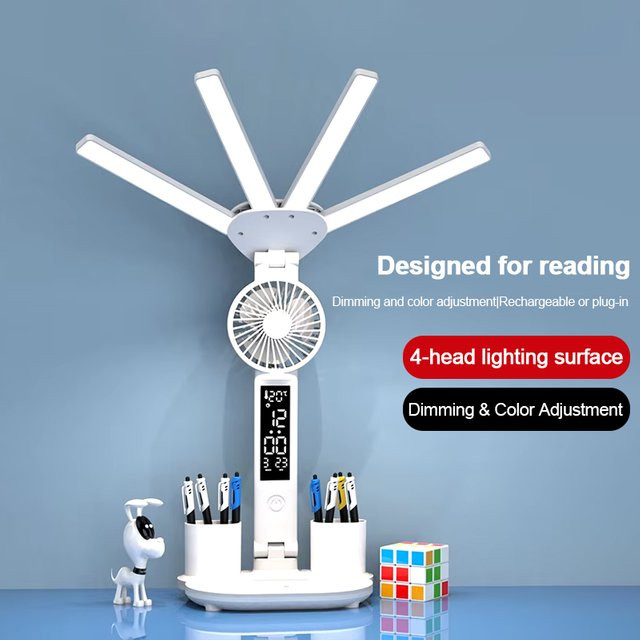Lyfs LED Tischlampe mit Ventilator und digitaler Uhranzeige, wiederaufladbare Schreibtischlampe in Weiß mit Touch-Bedienung - Bild 1