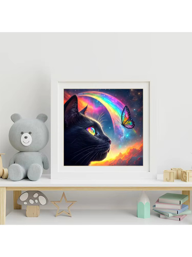 Momoart Diamant-Gemälde Schwarze Katze mit Schmetterling als DIY Mosaik-Set in Schwarz - Bild 3