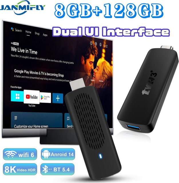 Janmifly Smart TV Stick TVR3+ Android 14 TV-Box mit 2 GB RAM und 16 GB ROM in Schwarz mit Wifi6, Bluetooth 5.4 und Sprachfernbedienung - Bild 1