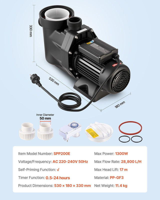 Buying Solutions, MB Einphasen-Schwimmbadpumpe in Schwarz mit 1300W Leistung, 28.800 L/H Durchfluss und 24-Stunden-Timer - Bild 8