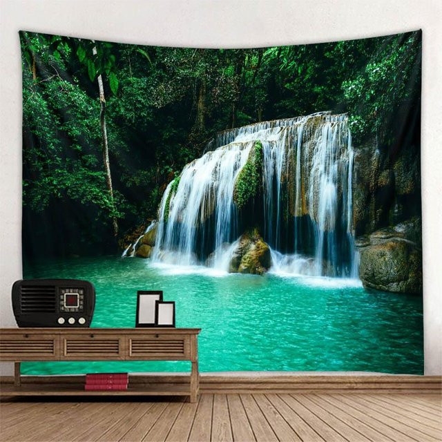 JFPillowPal Wandteppich mit Naturmotiv Wasserfall, Walddruck und Meereslandschaft im Bohemian-Stil, B: 90 cm, H: 75 cm - Bild 1