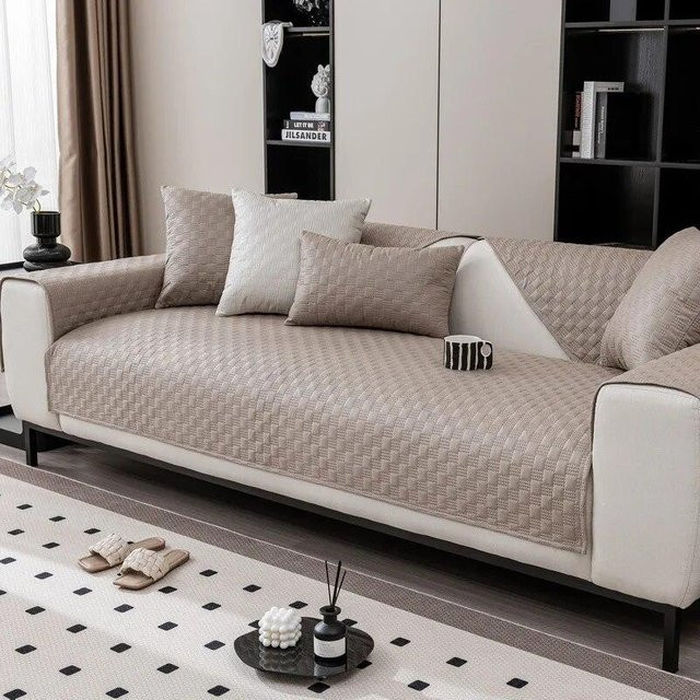 Wasserdichte und rutschfeste Sofadecke in Beige mit Karomuster, verdicktes Kunstleder für dein Wohnzimmer, B x H: 70 x 90 cm - Bild 1