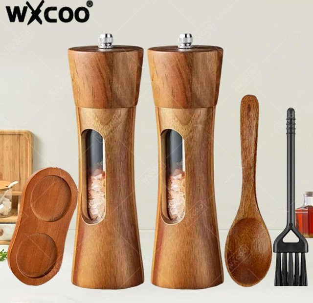 WXCOO Salz- und Pfeffermühle aus massivem Holz in Braun mit verstellbarem Keramik-Mahlwerk - Bild 1