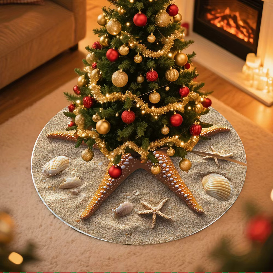 VIKAMA Weihnachtsbaumrock mit maritimem Strandmotiv, Seestern- und Muschel-Design sowie sandiger Textur für deine Weihnachtsdekoration - Bild 2