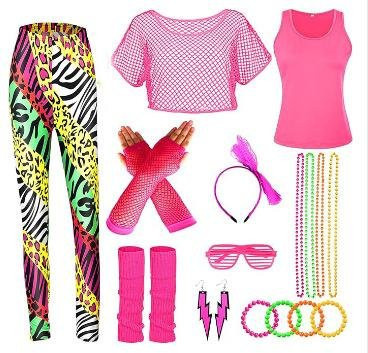 Schmuck-Set Damen, 80er Jahre Kostüm, Neon, Pink - Bild 1
