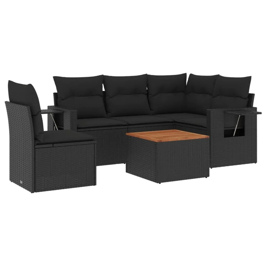 vidaXL 6-tlg Garten-Sofagarnitur aus Poly-Rattan und Akazienholz in Schwarz mit Kissen - Bild 2