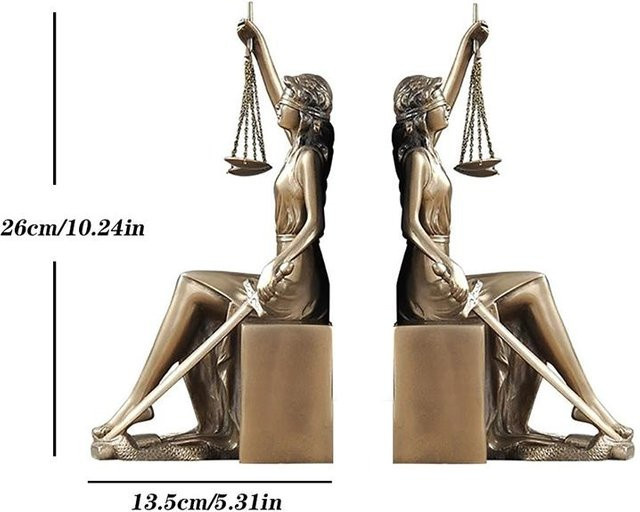 2er-Set Buchstützen aus Harz in Bronze und Gold mit antiker griechischer Justitia-Statue zur Dekoration von Wohnzimmer und Arbeitszimmer - Bild 1