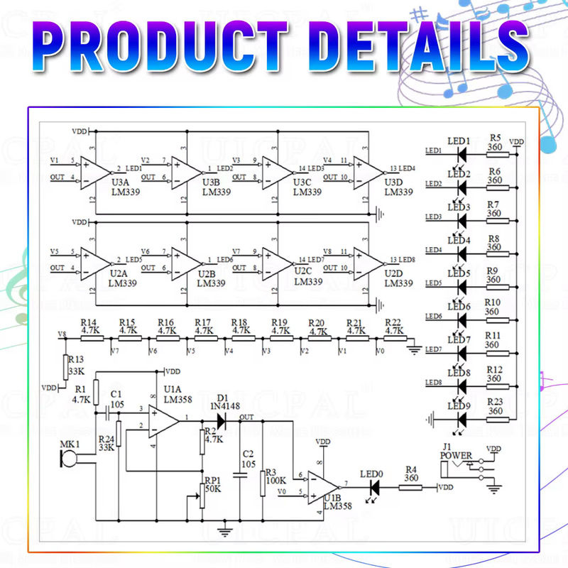 UICPAL DIY LED Musik Spektrum Audio Display Kit mit Kristallspalte und LM358 LM339 Chips, mehrfarbig - Bild 5