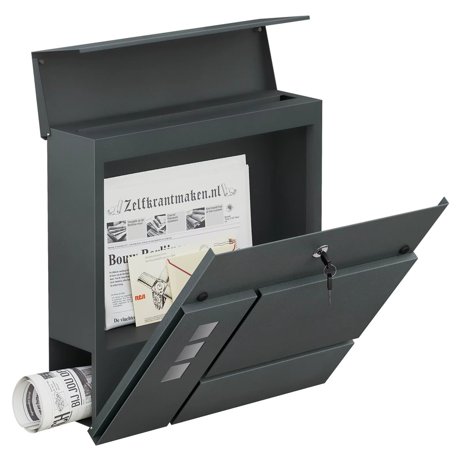 WOLTU Wandbriefkasten Anthrazit mit Zeitungshalter, transparentem Fenster und Namensschild, abschließbarer Briefkasten inklusive 2 Schlüsseln - Bild 2