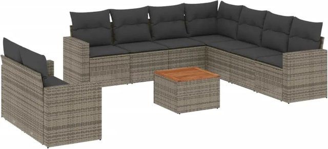 vidaXL 10-teilige Garten-Sofagarnitur aus Poly-Rattan und Akazienholz in Grau mit Kissen - Bild 1