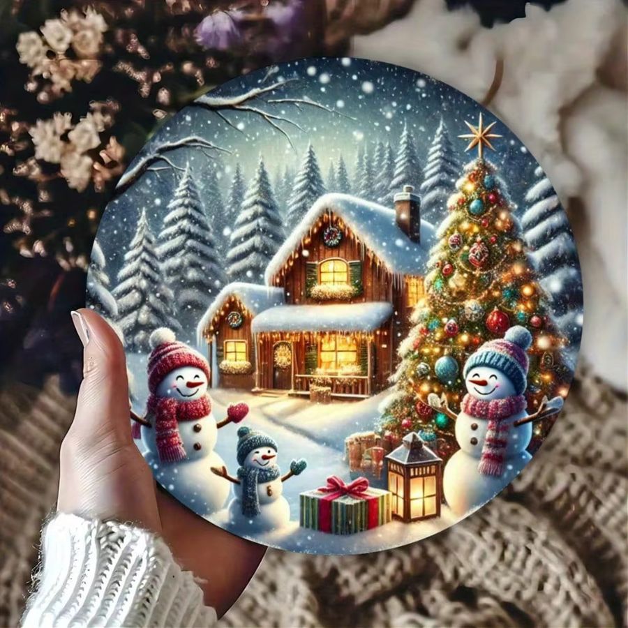 HELLOYOUNG Rundes Metallschild Weihnachtsschneemann und Baum zur Wanddekoration, Durchmesser: 20,3 cm - Bild 2