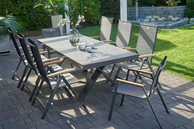 Hartman Garten-Essgruppe Xanadu / Aruba in xerix/anthrazit aus Aluminium und Glaskeramik mit 2 Stapelsesseln und 6 Klappstühlen, Tisch erweiterbar, B/T: 220 x 100 cm bis 280 x 100 cm - Bild 1
