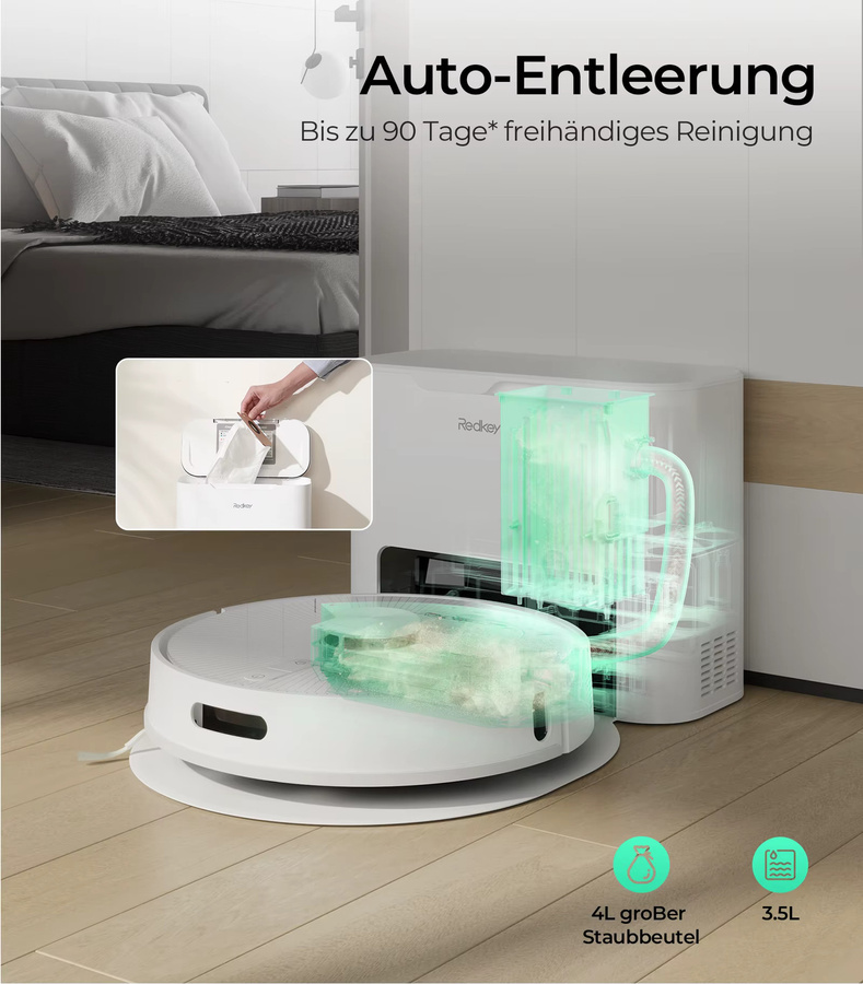 Redkey R10 Roboter-Staubsauger mit LiDAR-Navigation, 4000PA Saugkraft und Wischfunktion in Weiß - Bild 2