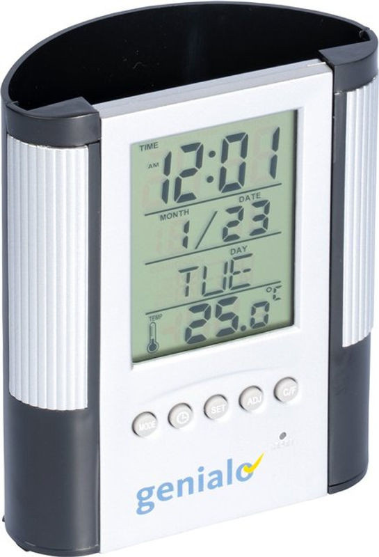 Genialo Digitaler Wecker mit Stiftehalter, Thermometer und Datumsanzeige aus Kunststoff in Silber, Schwarz oder Weiß - Bild 1