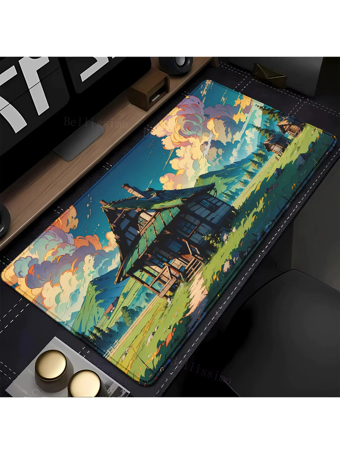 Potdemiel Mauspad XXL mit ländlicher Hütte und Berglandschaft bei Sonnenuntergang, rutschfeste Schreibtischunterlage, Multicolour - Bild 4