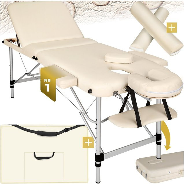tectake 3 Zonen Massageliege-Set in Beige mit Aluminiumgestell, H x B x T: 89 x 95 x 210 cm, Breite: 60 cm, Polsterung: 5 cm - Bild 1