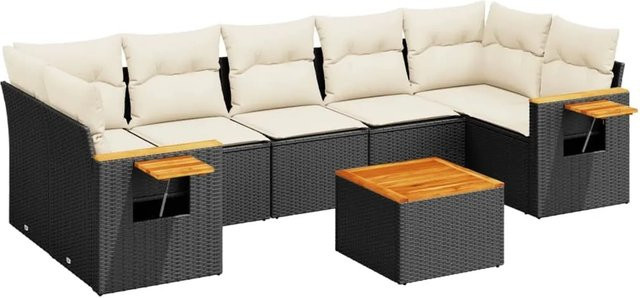 vidaXL 8-tlg Garten-Sofagarnitur in L-Form aus schwarzem Poly-Rattan mit wetterfesten Kissen und Akazienholz - Bild 1