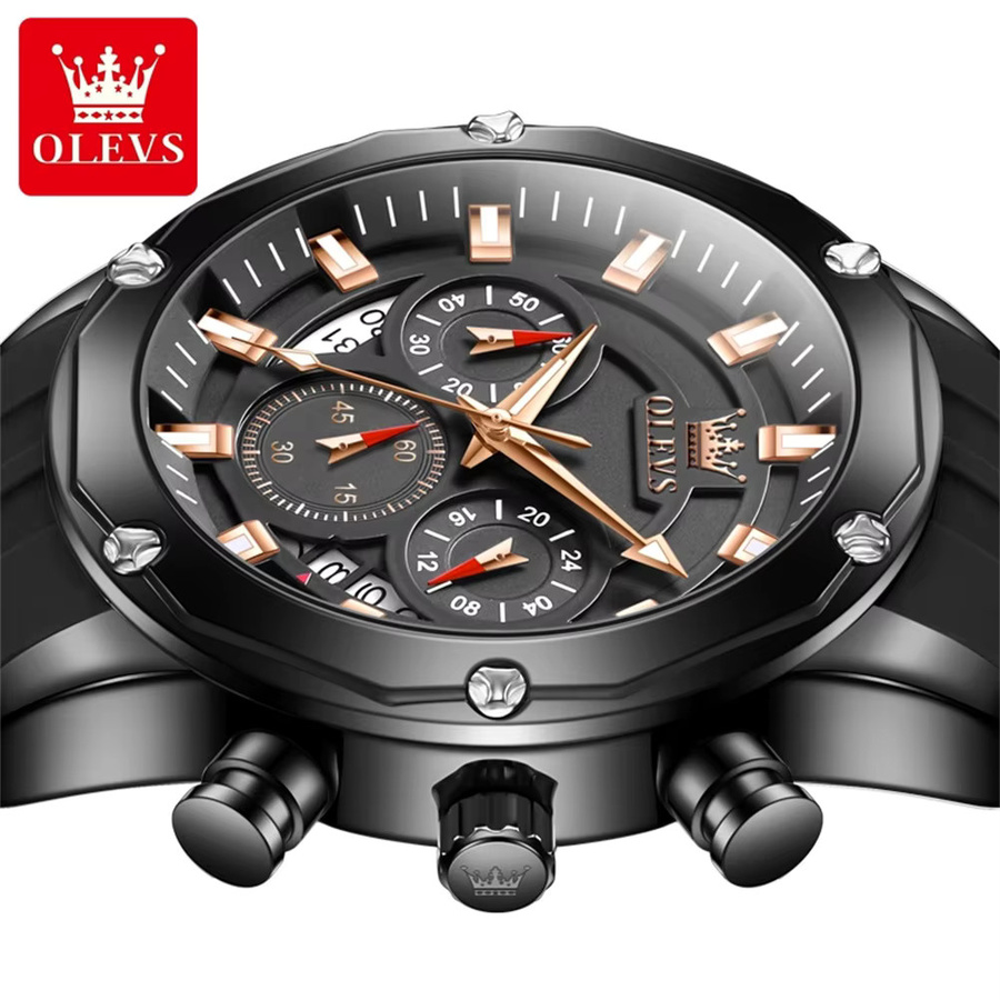 OLEVS Armbanduhr Chronograph, Quarz, Silikonarmband, Herren, Schwarz - Bild 2