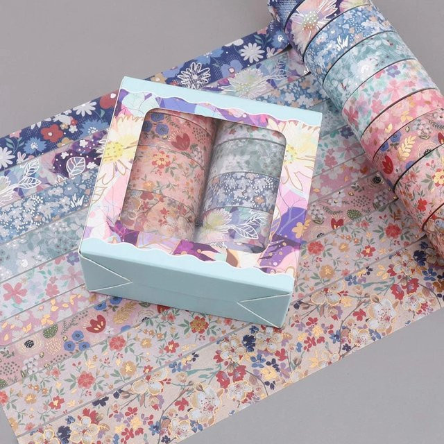 9 Rollen Washi-Tape Set mit Blumenmuster und Goldprägung in Multicolour für DIY-Geschenkverpackungen und Notizbuch-Dekorationen - Bild 1