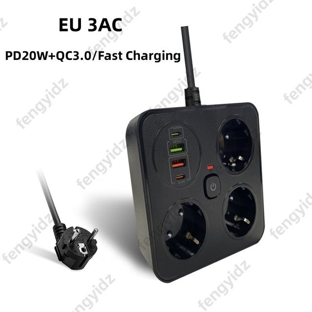 Fengyidz Multitap Steckdosenleiste mit 2 Typ C AC-Steckdosen, USB-C Anschluss und Überspannungsschutz sowie Netzwerkfilter in Schwarz - Bild 1