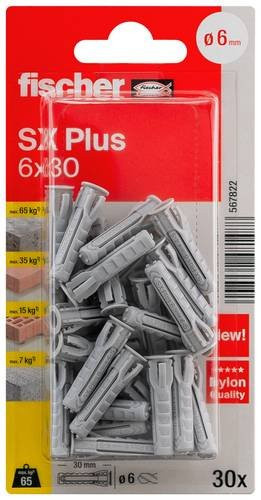 Fischer SX Plus Spreizdübel aus Nylon in Weiß, Durchmesser: 6 mm, Länge: 30 mm, 30 Stück - Bild 1