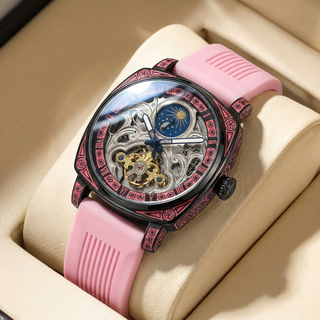 CAROTIF Armbanduhr, Mechanisch, Rosa Zifferblatt, Silikonarmband, Herren - Bild 1